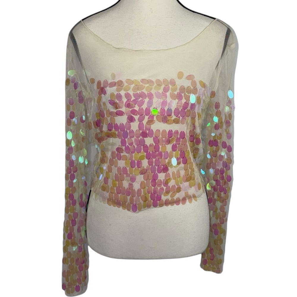 Mustard Seed Sequin Mesh Sheer Top Small Iridescent Y2K Festival Rave Party Glam - Picture 2 of 11